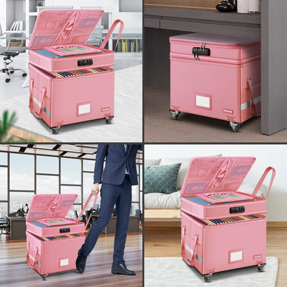 DocSafe Fireproof Document Box with Lock,2-Layer File Box with Wheels,Collapsible File Storage Organizer with Pockets,Large Portable Home Filing Cabinet for Hanging Folders,Black,16''x13.8''x12.2''