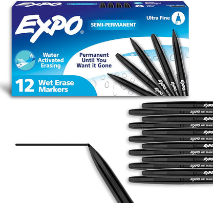EXPO Wet Erase Markers, Semi-Permanent, Black, Ultra Fine Tip, 12 Count - For Writing on Glass, Whiteboards, Mirrors, Calendar, Labeling, Organizing