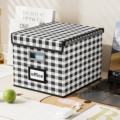 Huolewa Upgraded Portable File Organizer Box with Lid, Collapsible Linen Hanging Filing Storage Boxes with Plastic Slides, Decorative Home/Office Filing System Box for File and Folders Storage (Gray)