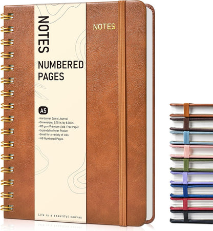 Lined Spiral Journal Notebook, A5 Hardcover Spiral Journals for Women Men, 150 Numbered Pages Spiral Bound Notebook, 100 GSM College Ruled Notebooks for Work, Note Taking 5.75" x 8.38", Olive Green