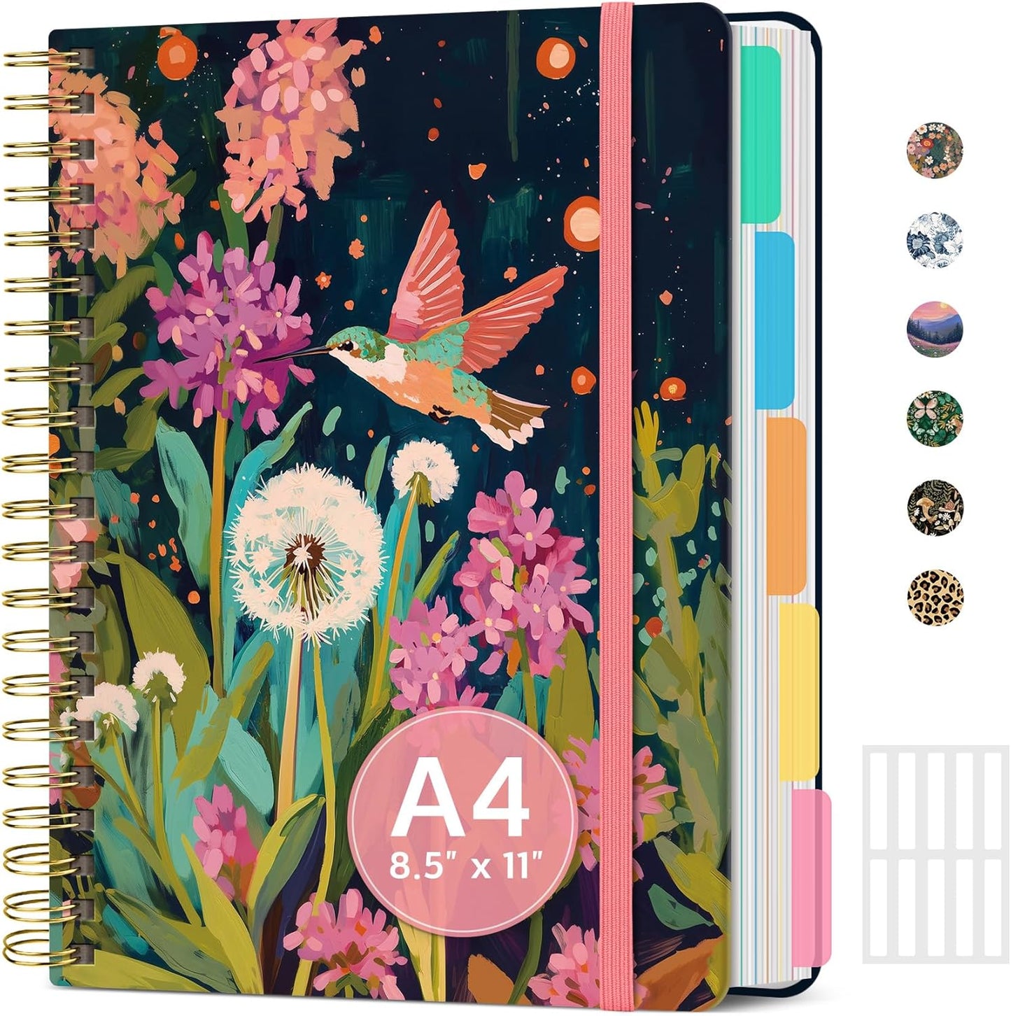 Large Spiral Notebook with Dividers & Tabs, 8.5" x 11" Hardcover 5 Subject Notebook for Work, 280 pages, College Ruled, Cute Journal for Women, Perfect for Study & Office Note Taking, Garden