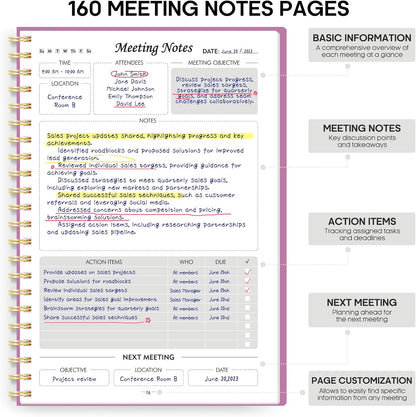Taja Meeting Notebook for Work Organization - Work Planner Notebook with Action Items, Agenda Planner for Note Taking, 160 Pages (6.9" X 9.9") Project Organizer for Men & Women - Blue