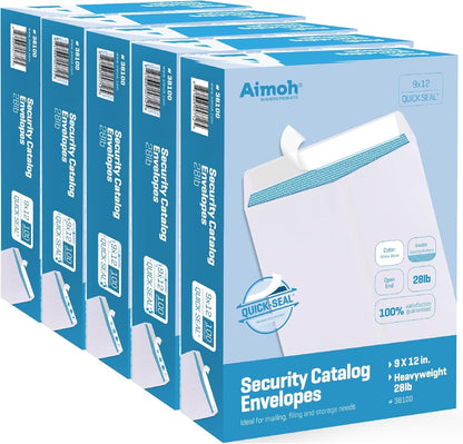 Aimoh 100 9 x 12 SELF Seal Security White Catalog Envelopes - 28lb - Security Tinted, Ultra Strong Quick-Seal, 9x12 inch (38100)
