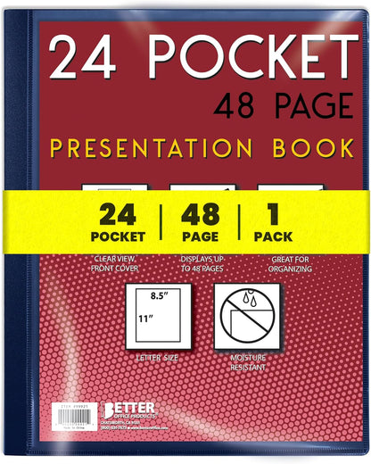 Better Office Products 24 Pocket Bound Presentation Book, Blue with Clear View Front Cover, 48 Sheet Protector Pages, 8.5" x 11" Sheets, Art Portfolio, Durable Poly Covers, Letter Size, Blue