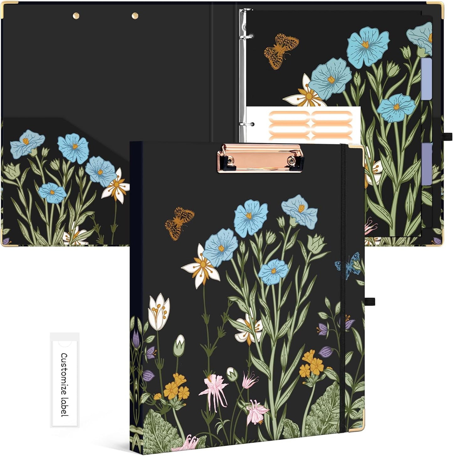 Ospelelf Binder 3 Ring 1 Inch, Floral Round Ring Clipboard Binder for Letter Size with 5 Tab Dividers, File Folder Labels, for School and Office Supplies