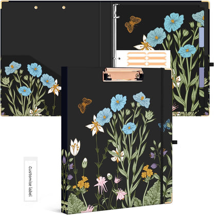 Ospelelf Binder 3 Ring 1 Inch, Floral Round Ring Clipboard Binder for Letter Size with 5 Tab Dividers, File Folder Labels, for School and Office Supplies