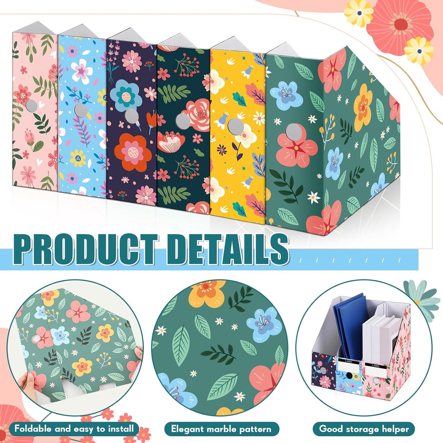 PerKoop 6 Pcs Decorative Magazine File Holders Floral Foldable File Folders Magazine Storage Boxes Rack Desk Organizer Documents with Printable Labels for School Office Home (Floral)