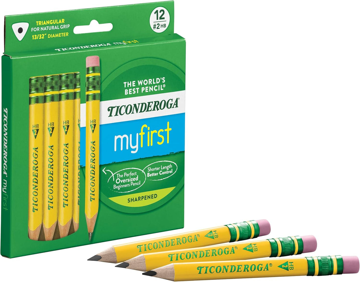 Ticonderoga My First Half-Size Wooden Pencils, Large Triangle-Barrel Pre-Sharpened #2 (HB) Short 4.5" Yellow Pencils with Erasers, Yellow, 12/Pack