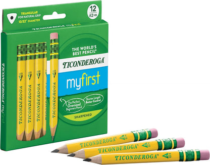 Ticonderoga My First Half-Size Wooden Pencils, Large Triangle-Barrel Pre-Sharpened #2 (HB) Short 4.5" Yellow Pencils with Erasers, Yellow, 12/Pack