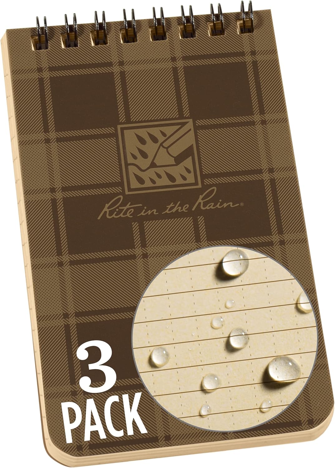 Rite in the Rain Weatherproof Top Spiral Notebook, 3" x 5", Black Cover, Universal Pattern, 3 Pack (No. 735-3X)