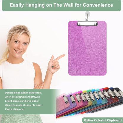 SFLHHDM 1 Pcs Clear Glitter Clipboards, Plastic Clipboard with Pen Holder, Size 8.85 x 12.4 in Shiny Clipboards with Low Profile Clip, Cute Hanging Clipboard for Office School Sparkly Clip Board-Pink