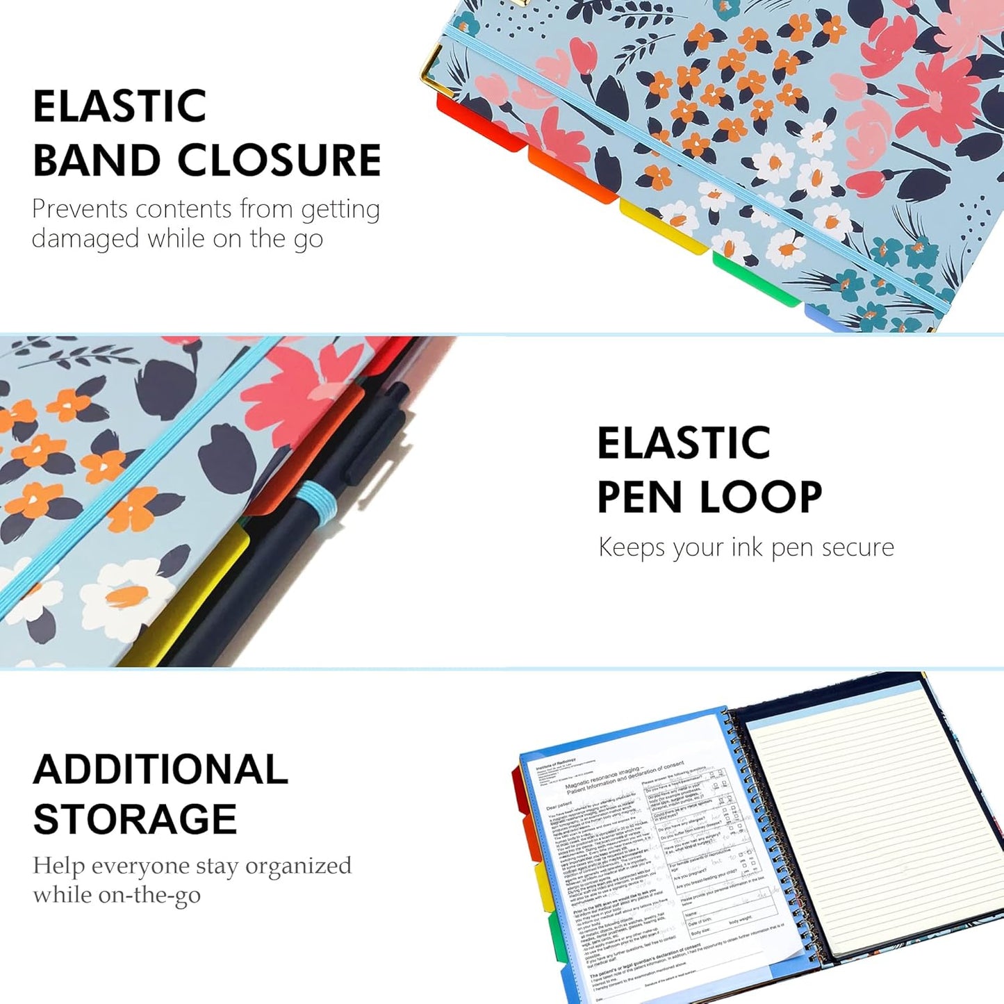 Spiral Clipboard Folio with Refillable Lined Notepad, 5 Extra Folders, 10 Pockets, File Label, Elastic Closure, Pen Loop (GentleBlue, A4)