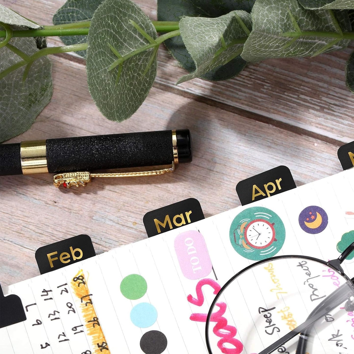 Outus 24 Pieces Monthly Adhesive Tabs for Planner - Designer Accessories Monthly Tabs Stickers Decorative for Office Planners Organizations Sturdy Notebook Planners Journal(Black)