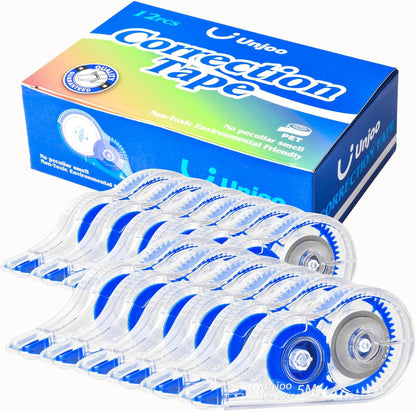 Unjoo White Correction Tape, Easy To Use Applicator for Instant Corrections Wrong Writing At Any Time, For school, Office (12pack, 5M/196" x 0.2", Black)