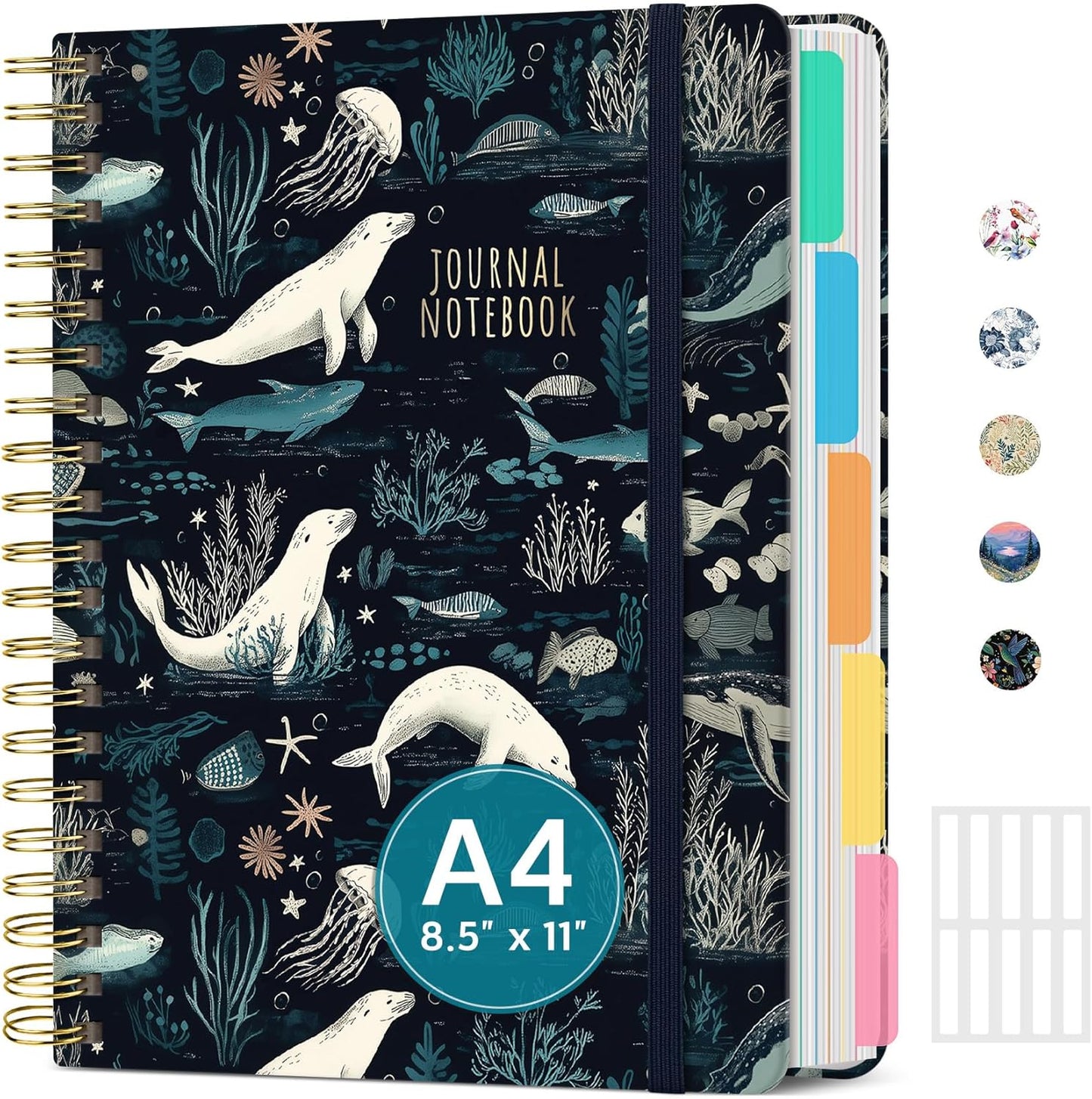 Large Lined Spiral Journal for Women Cute Hardcover 5 Subject Notebook for Work 8.5" x 11" with Removable Dividers & Tabs, College Ruled, 280 Pages Aesthetic Journal for Work, School & Note Taking, Garden of Whimsy