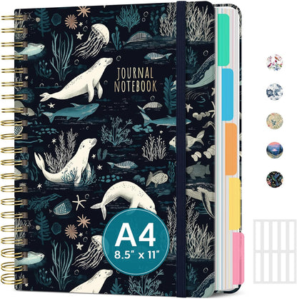 Large Lined Spiral Journal for Women Cute Hardcover 5 Subject Notebook for Work 8.5" x 11" with Removable Dividers & Tabs, College Ruled, 280 Pages Aesthetic Journal for Work, School & Note Taking, Garden of Whimsy