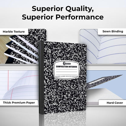 Rosmonde College Ruled Composition Notebooks 5 Pack, 200 Pages (100 Sheets), 9-3/4" x 7-1/2", White & Black Marble Composition Book, Hard Cover, Sturdy Sewn Binding, School, College & Office Supplies