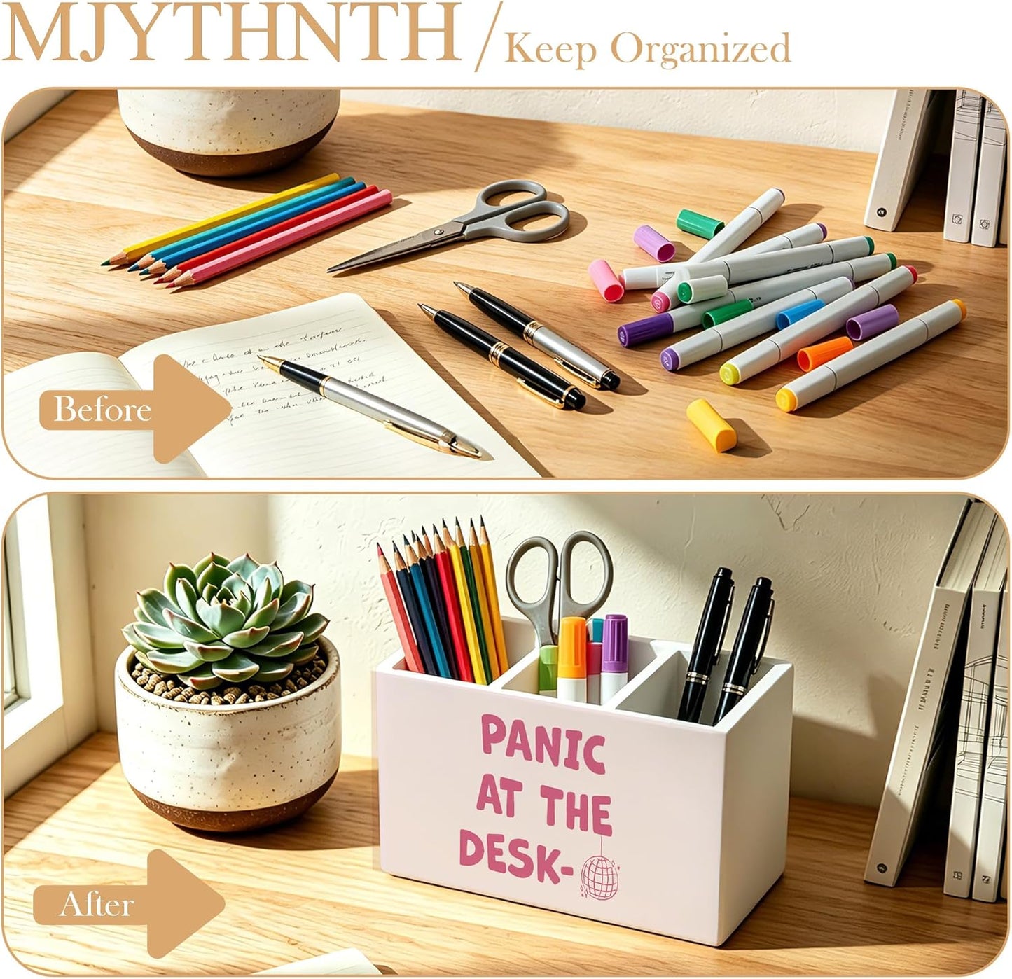 Don't Overthink It Inspirational Pencil Pen Holder for Desk, Pink Positive Affirmations Wooden Box Sign Pen Holder Organizer for Home Office School Desk Accessories