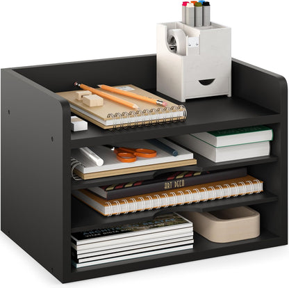 Ballucci File Organizer, 4-Tier Office Desk Organizer, Open Top Wood Paper Organizer for Classroom, Desktop Mail Sorter Paper Tray, Black