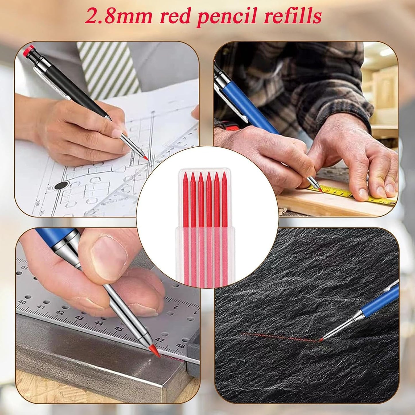 TuTuYa 36 Pencil Refill with 1 Solid Carpenter-Pencil, 2.8mm Waterproof Lead Refills Replacement, with Sharpener, Long Reach/Deep Hole/Long Nose for Architect &Carpenter Woodwork Construction Building