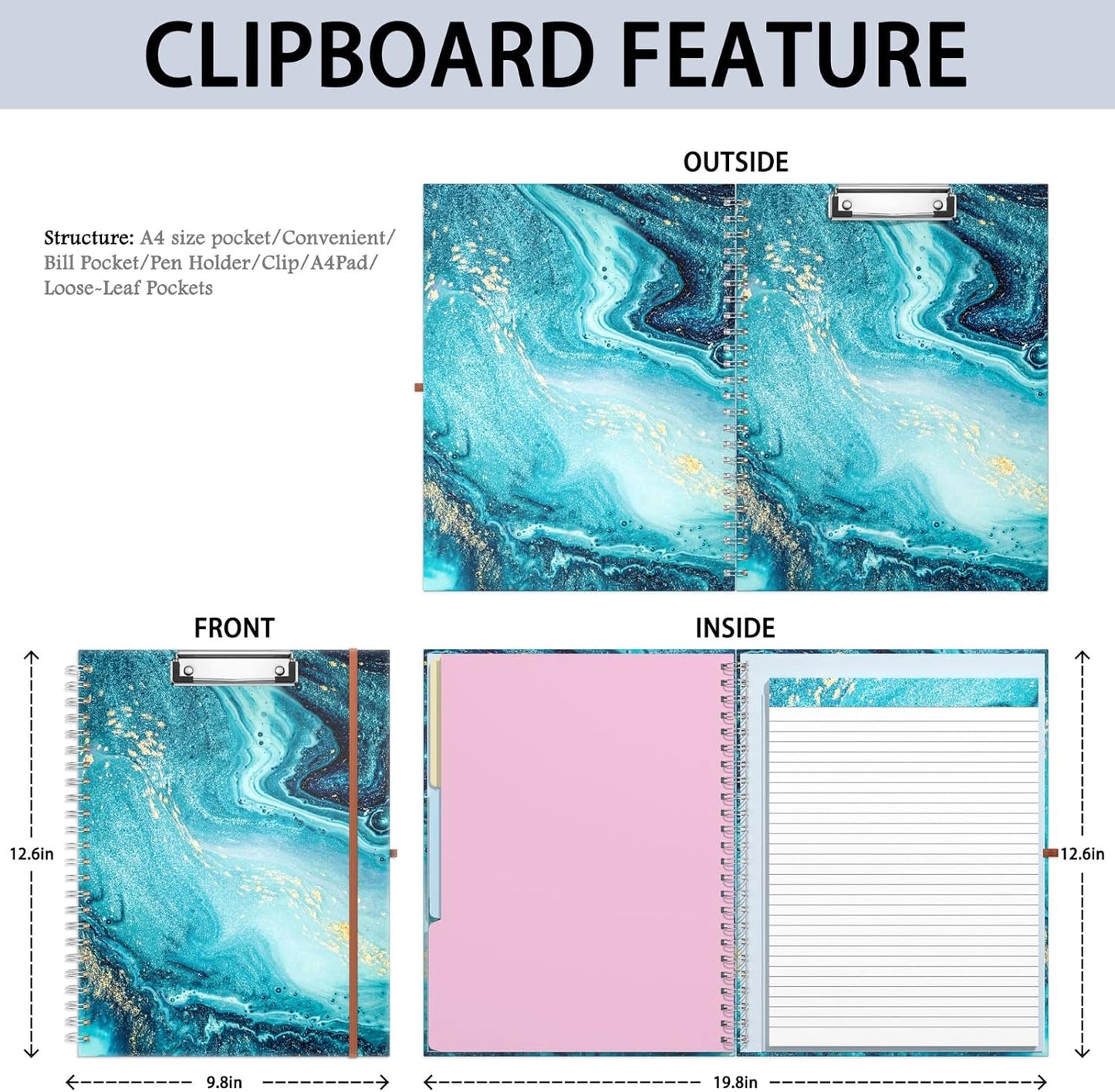 Rimilak Spiral Clipboards Folio with Refillable Lined Notepad, 14.5 x 9.8 In, Hardcover Cover with 5 Interior Pockets, Elastic Band and Pen Loop Series. Cute Stylish Clipfolio, Daisy Flower