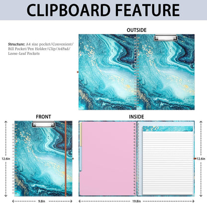 Rimilak Spiral Clipboards Folio with Refillable Lined Notepad, 14.5 x 9.8 In, Hardcover Cover with 5 Interior Pockets, Elastic Band and Pen Loop Series. Cute Stylish Clipfolio, Daisy Flower