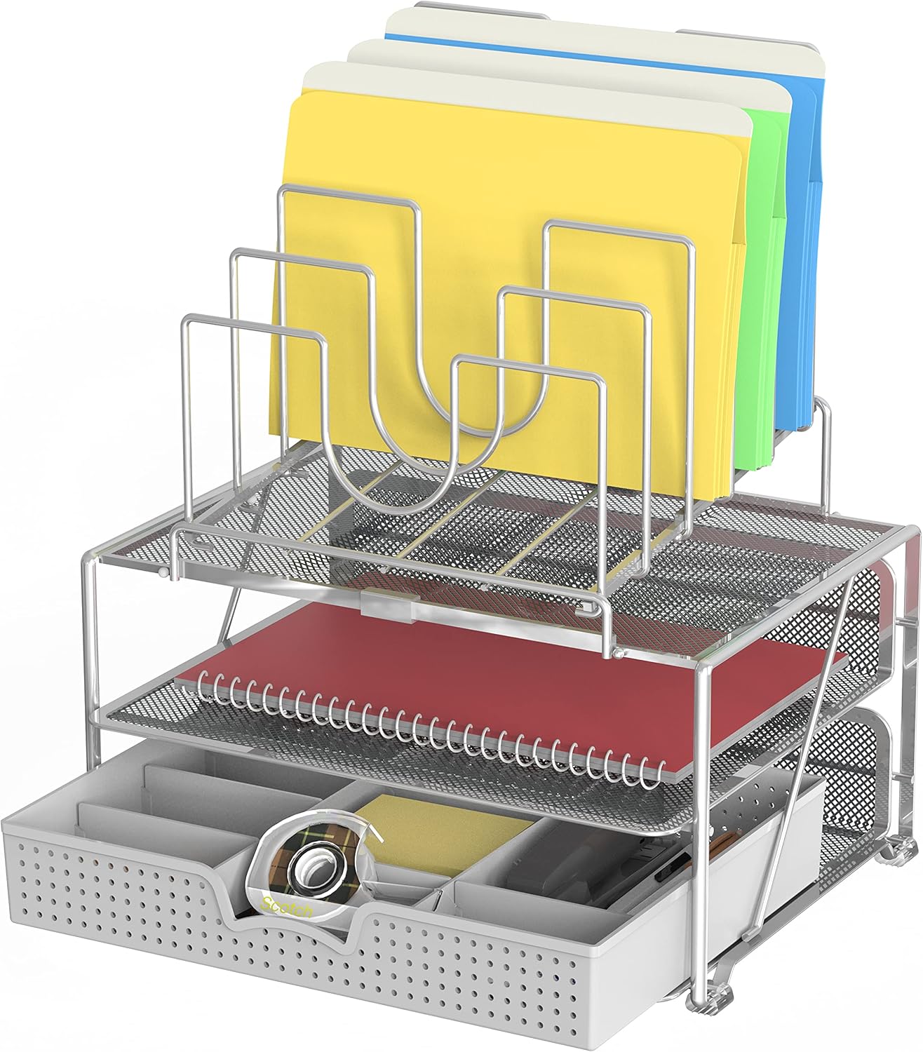 Deco Brothers Desktop File Organizer with Double Tray and 5 Folder Stand, Silver