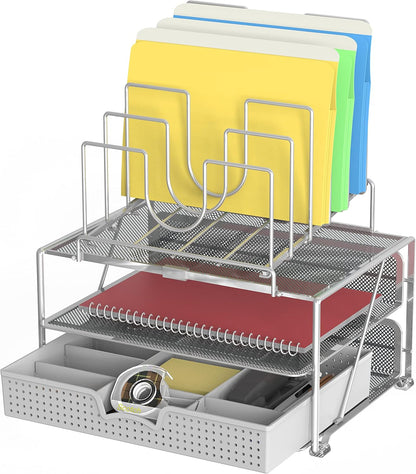 Deco Brothers Desktop File Organizer with Double Tray and 5 Folder Stand, Silver