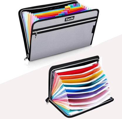 Tamfile Fireproof Accordion File Organizer with Handle, 13 Pocket Transparent Expanding File Folder with Zipper & Labels, File Folder with Multi-Pockets Paper Organizer Folder for Letter A4 Files
