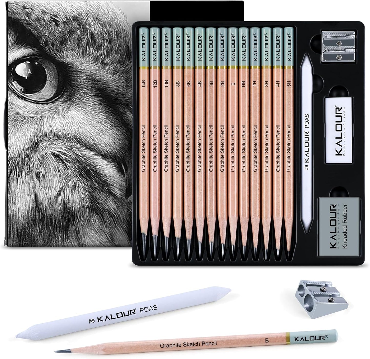 KALOUR 29 Pro Sketching Drawing Pencils Set with Roll-Up Nylon Case – 14 Graphite Pencils (14B–5H), Charcoal Pencils, Erasers, Sharpener & Stumps – Complete Art Kit for Artists & Beginner