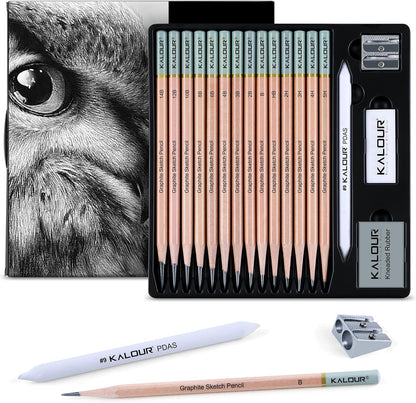 KALOUR 29 Pro Sketching Drawing Pencils Set with Roll-Up Nylon Case – 14 Graphite Pencils (14B–5H), Charcoal Pencils, Erasers, Sharpener & Stumps – Complete Art Kit for Artists & Beginner