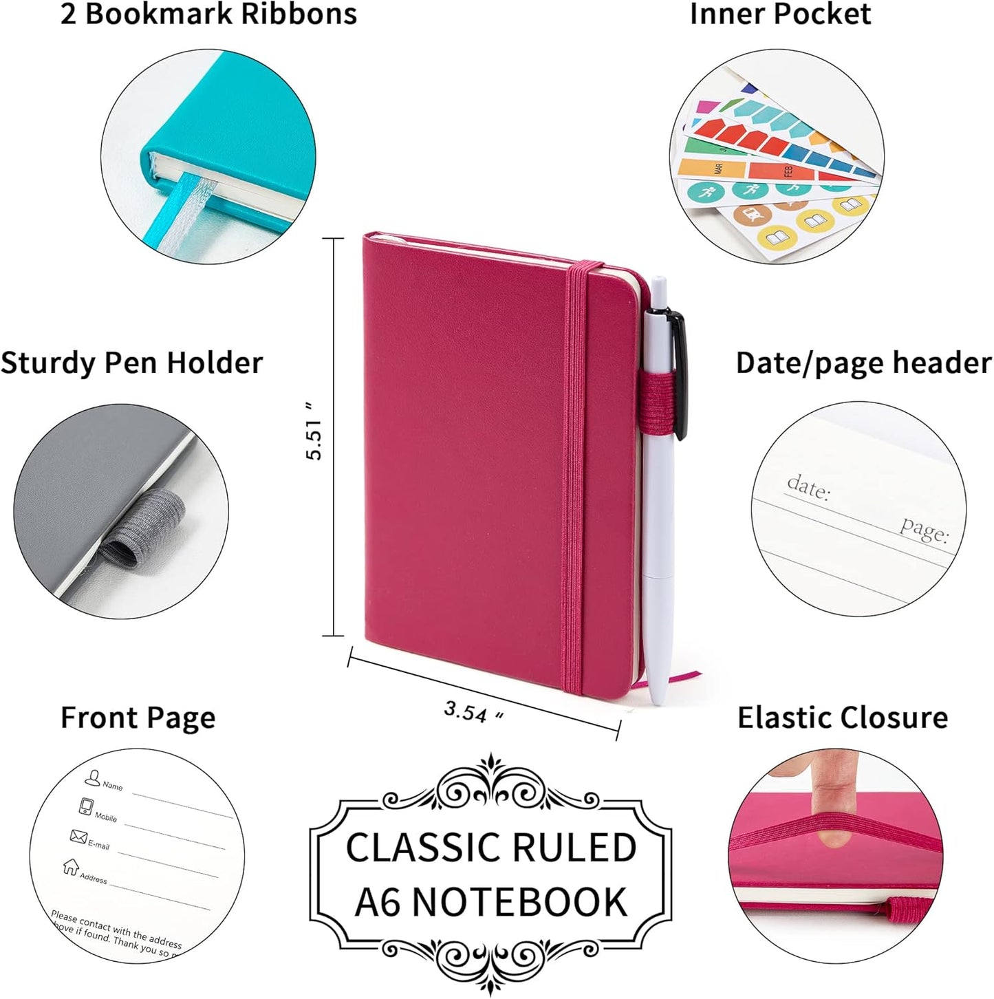 feela 3 Pack Pocket Notebook Journals with 3 Black Pens, A6 Mini Cute Small Journal Notebook Bulk Hardcover College Ruled Notepad with Pen Holder for Office School Supplies, 3.5”x 5.5”, Gray