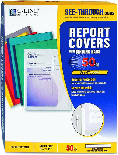 C-Line Report Covers with Binding Bars, Red Vinyl, Red Bars, 8.5 x 11 Inches, 50 per Box (32554)