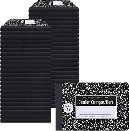 ROARING SPRING Junior Marble Composition Books, 12-Pack, Specially Sized 4.875"x7.5" for Smaller Users, 60 Sheets 15# White Wide Ruled Paper, Hard Board Covers, Black Marble (77125)