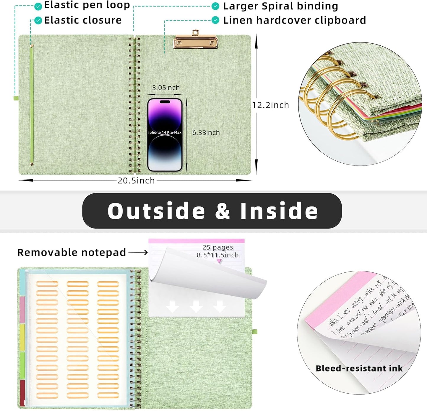 Ospelelf Foldable Spiral Clipboard Folio with Storage Zipper Pouch, 5 Plastic Folders with 10 Pockets,Refillable Lined Notepad (11" x 8.5"), Hardcover Project Organizer with 39 Stickers (Purple)