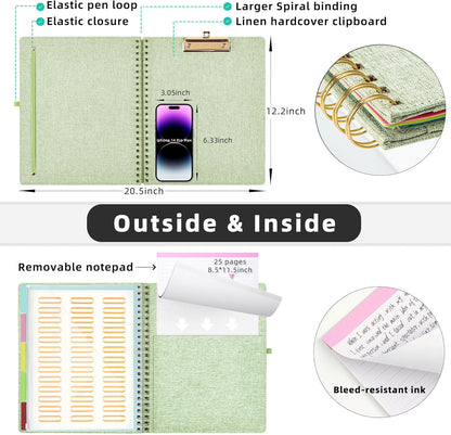 Ospelelf Foldable Spiral Clipboard Folio with Storage Zipper Pouch, 5 Plastic Folders with 10 Pockets,Refillable Lined Notepad (11" x 8.5"), Hardcover Project Organizer with 39 Stickers (Purple)