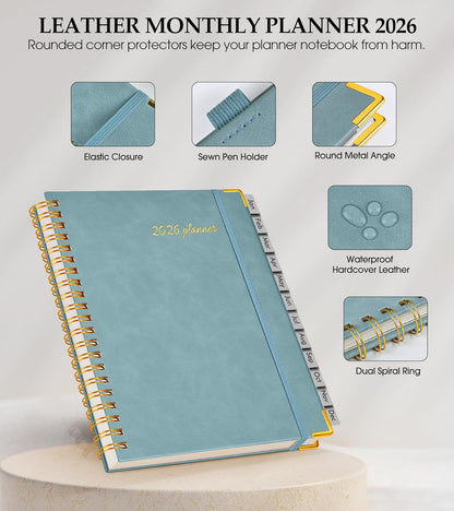 2026 Planner, Weekly and Monthly Calendar Planner from January 2026 - December 2026, 8.5" x 11" Hardcover Leather Hourly Appointment Book with Tabs, Spiral Daily Planners for School Work Home, Green