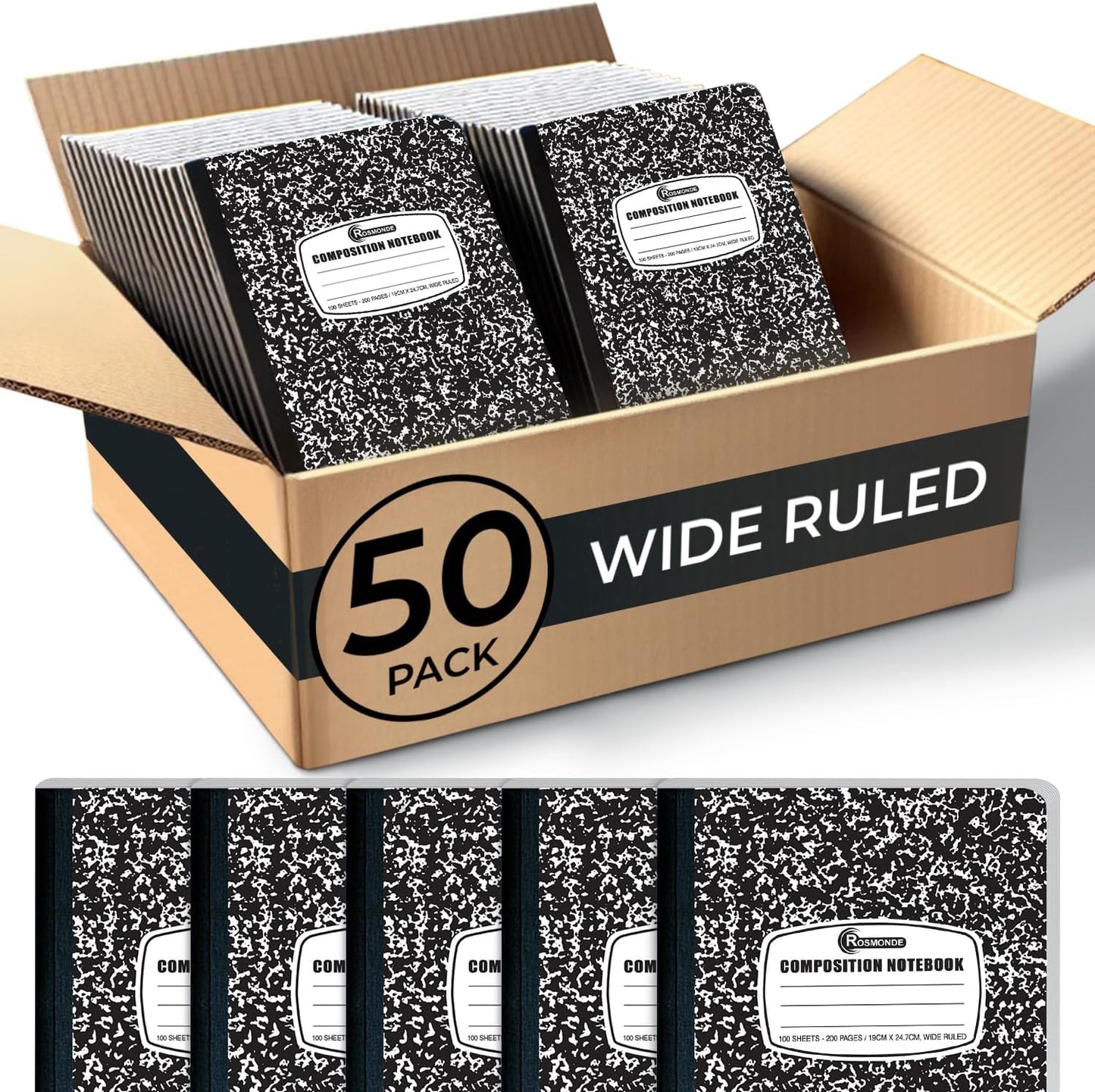 Rosmonde 12 Pack Composition Notebook Wide Ruled Bulk, 200 Pages (100 Sheets), 9-3/4 x 7-1/2", Hard Cover Wide Ruled Notebook Bulk, Black Marble Composition Notebooks, Bulk School Notebooks