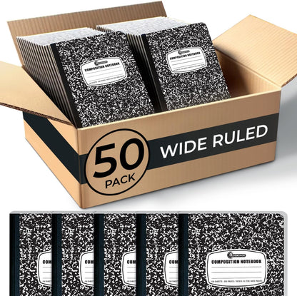 Rosmonde 12 Pack Composition Notebook Wide Ruled Bulk, 200 Pages (100 Sheets), 9-3/4 x 7-1/2", Hard Cover Wide Ruled Notebook Bulk, Black Marble Composition Notebooks, Bulk School Notebooks