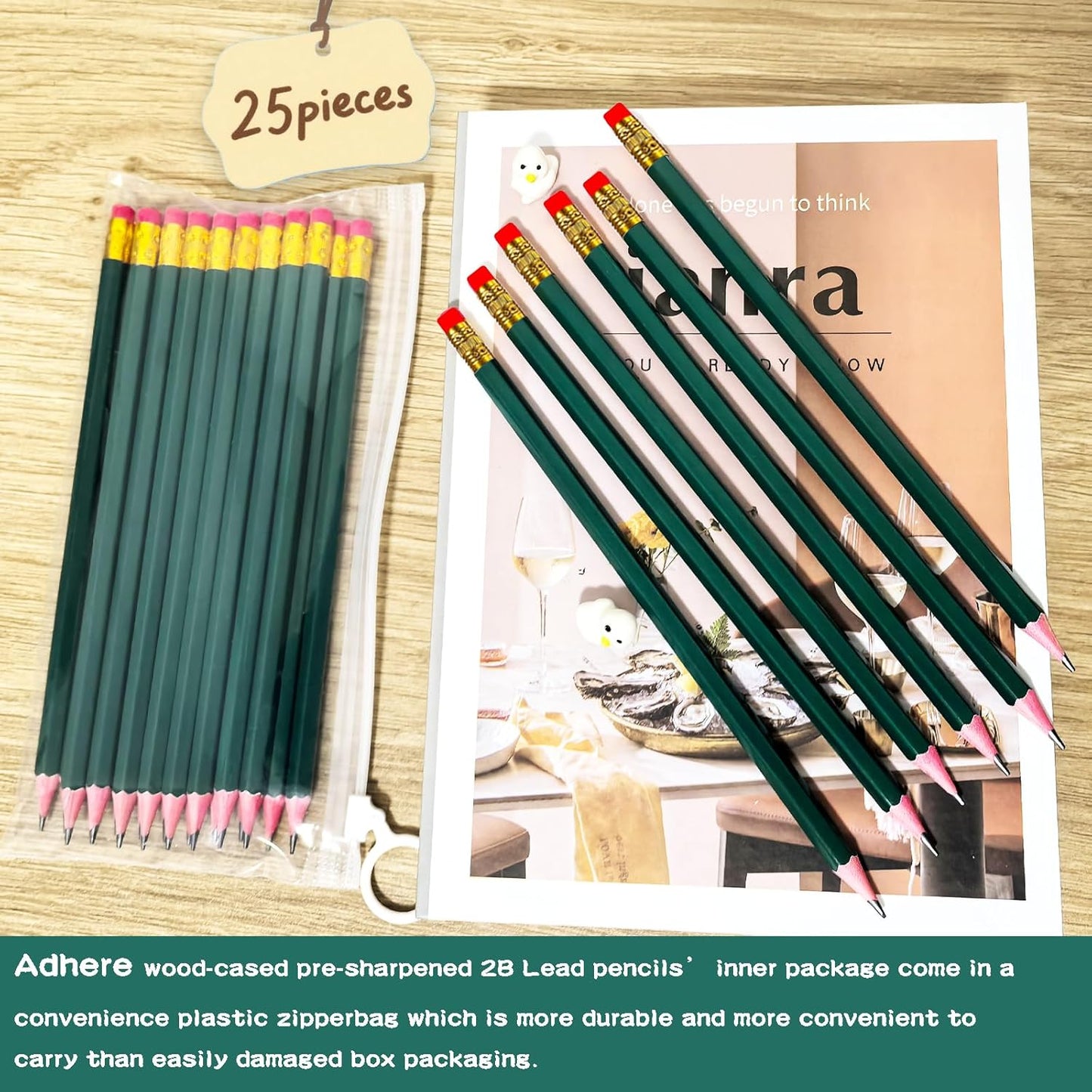 Adhere 25pcs Woodcase Pencils with Eraser Premium Pre-Sharpened Hexagon Graphite 2B pencils ideal for home, office writing including a Free Sharpener(Pink・25pcs)