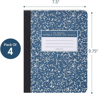 ROARING SPRING Hard Cover Composition Notebook, 4 Pack, Blue Marble Comp Book, 9.75″ x 7.5″, Unruled Blank Paper, 100 Sheets (200 Pages), Made in USA