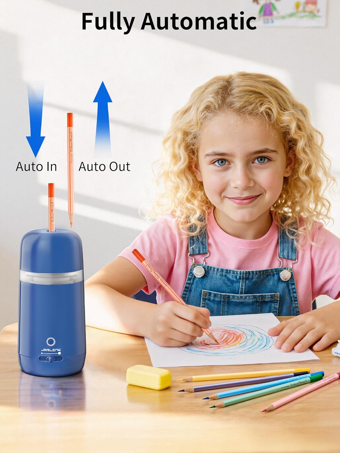 JARLINK Automatic Electric Pencil Sharpener - Hands-Free Operation, 3 Sharpness Modes, 3-Second Sharpening, Rechargeable & Portable for 7-12mm Pencils, Ideal for Classroom and Home Use (Black)