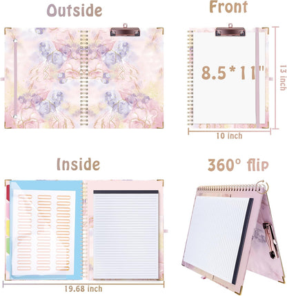 HAUTOCO Clipboard Folio with Refillable Notepad for Letter Size (11" x 8.5"), 5 Dividers with 10 Pockets, Elastic Pen Holder and File Folder Labels, Spiral Nurse Clipboard Artboard(Green)