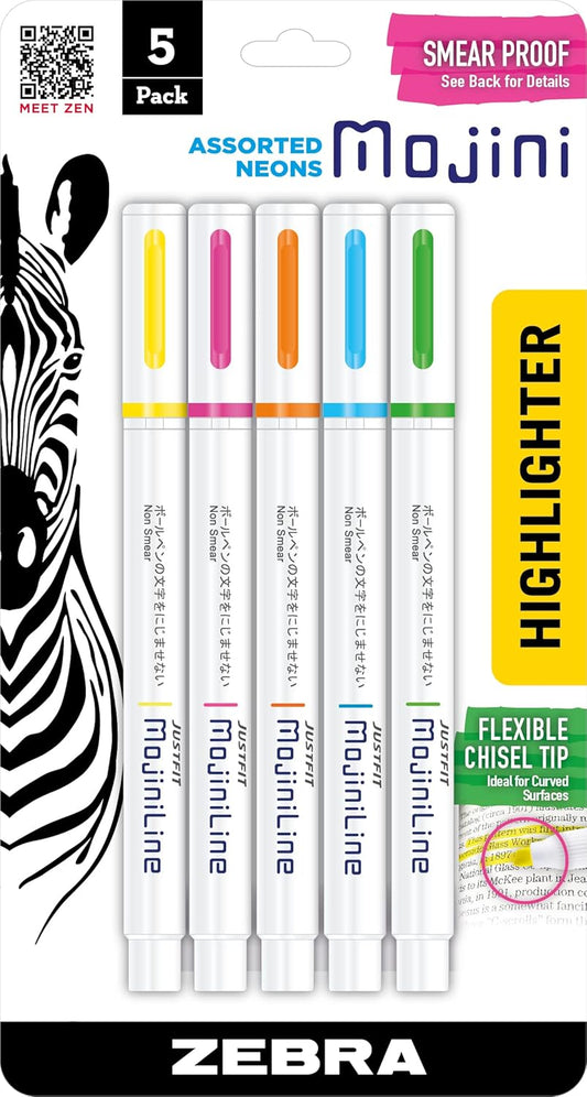 Zebra Pen, Mojini Highlighters, Assorted Neon Colors, Flexible Chisel Tip Ideal for Curved Surfaces and Hard-to-Reach Places, Smear Proof Over Gel & Ballpoint Inks, Made in Japan, 5-Pack (70205)