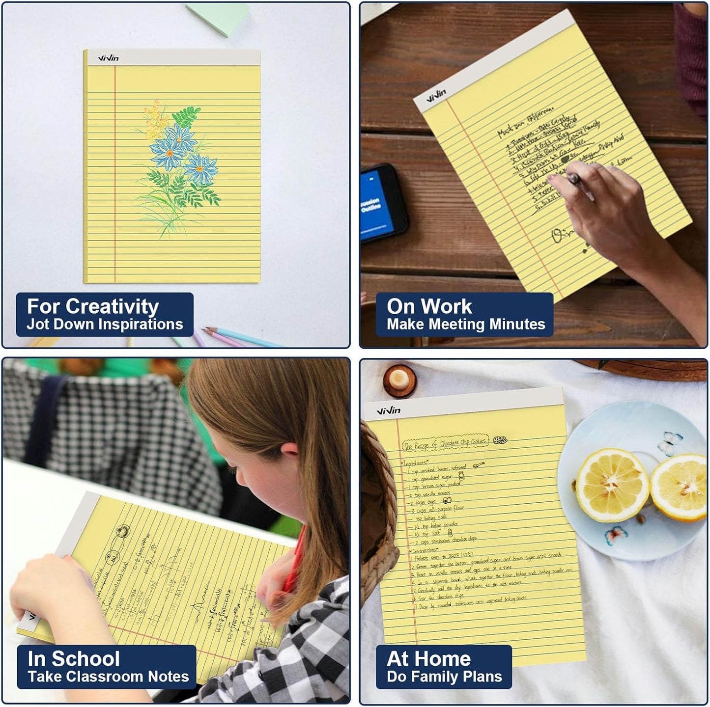 ViVin Legal Pads 8.5 x 11 Inch, Wide Ruled Note Pads, 12 Pack, 50 Sheet/Pad, Perforated Writing Pads, Notepads for Office Home School, 600 Sheets, White Paper