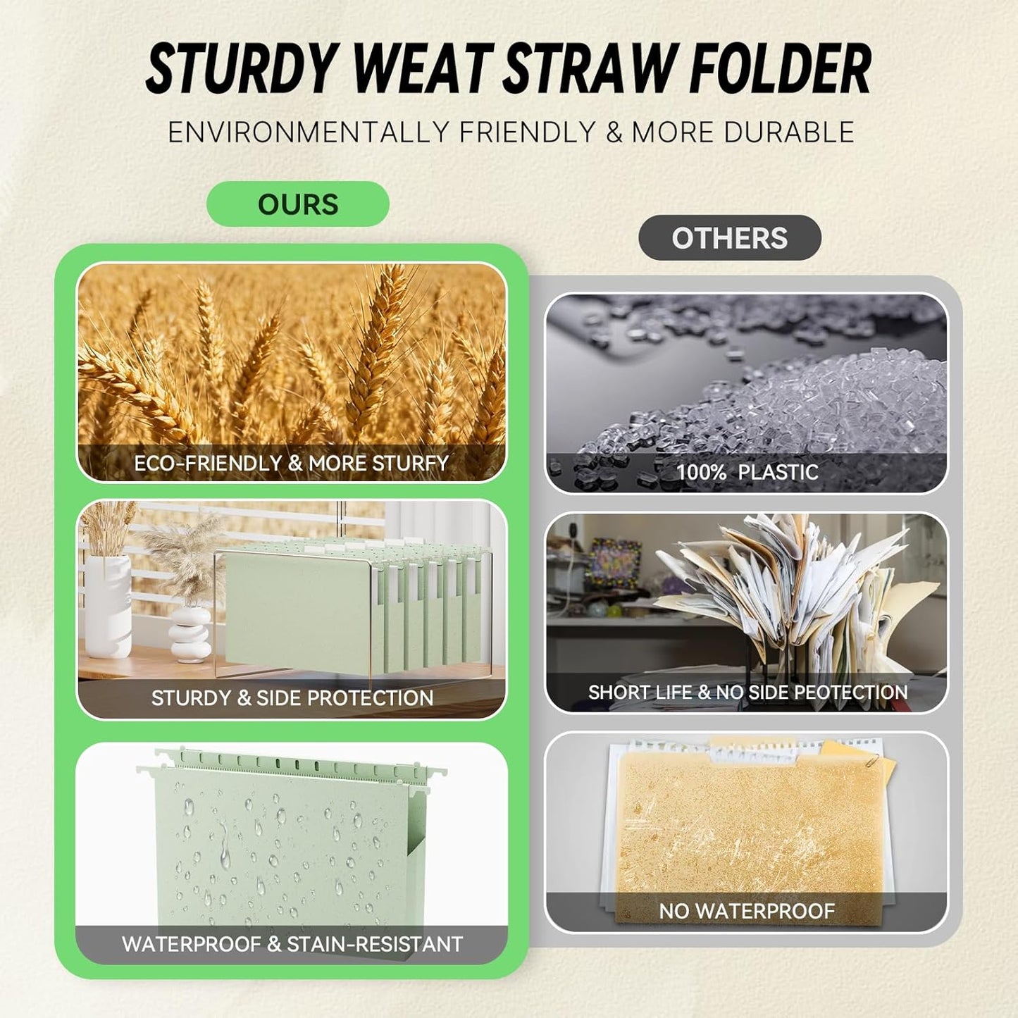 XINGIA Legal Size Hanging File Folders Extra Capacity,1'' Expansion Hanging Folders for Filing Cabinet,12 Pack Wheat Straw File Folders Hanging with Tabs,Pastel Hanging File Organizer for Office