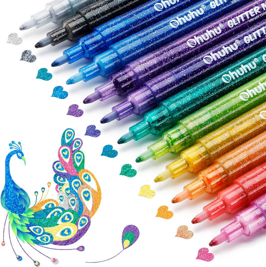 Ohuhu Glitter Markers Pen: 12 Glitter Colors Metallic Shimmer Marker Fine Tip Water-based Ink for Kids Adults DIY Crafts Greeting Birthday Cards Making Mugs Wood - AP Certificated