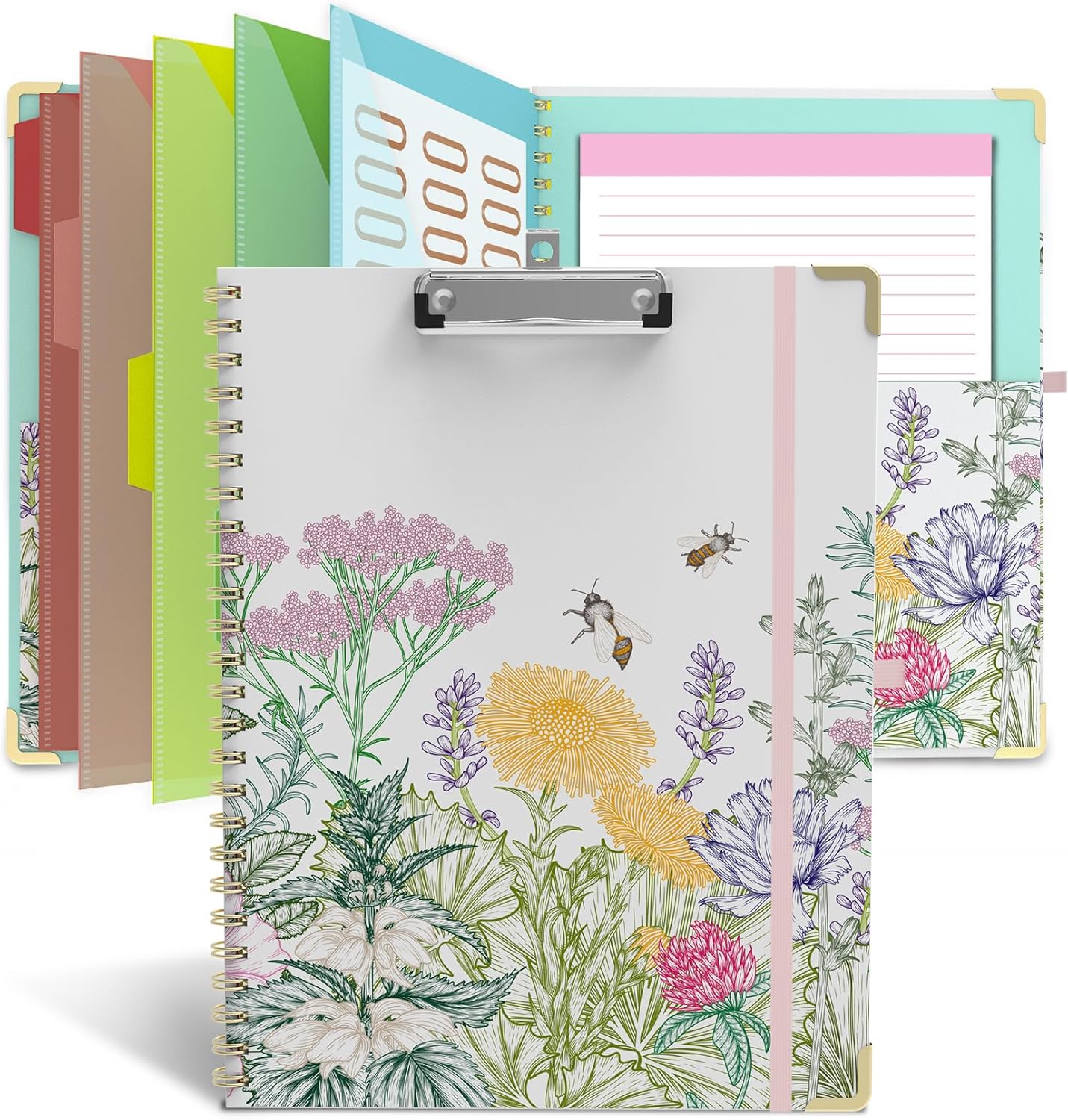 Clipboard Folio with Storage 8.5 X 11 Padfolio Notebook, Clipboards with Notepad Spiral with 10 Pockets and 5 Folders Nursing Teacher School Essentials (Pink Floral)