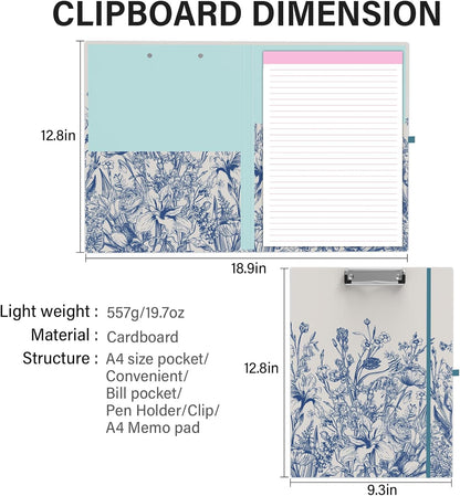 A4 Cute Clipboard Folio with Notepad Clipfolio and Interior Storage, Foldable Nursing Legal Size Clipboards for Work/Kids/Teachers - Almond Tree
