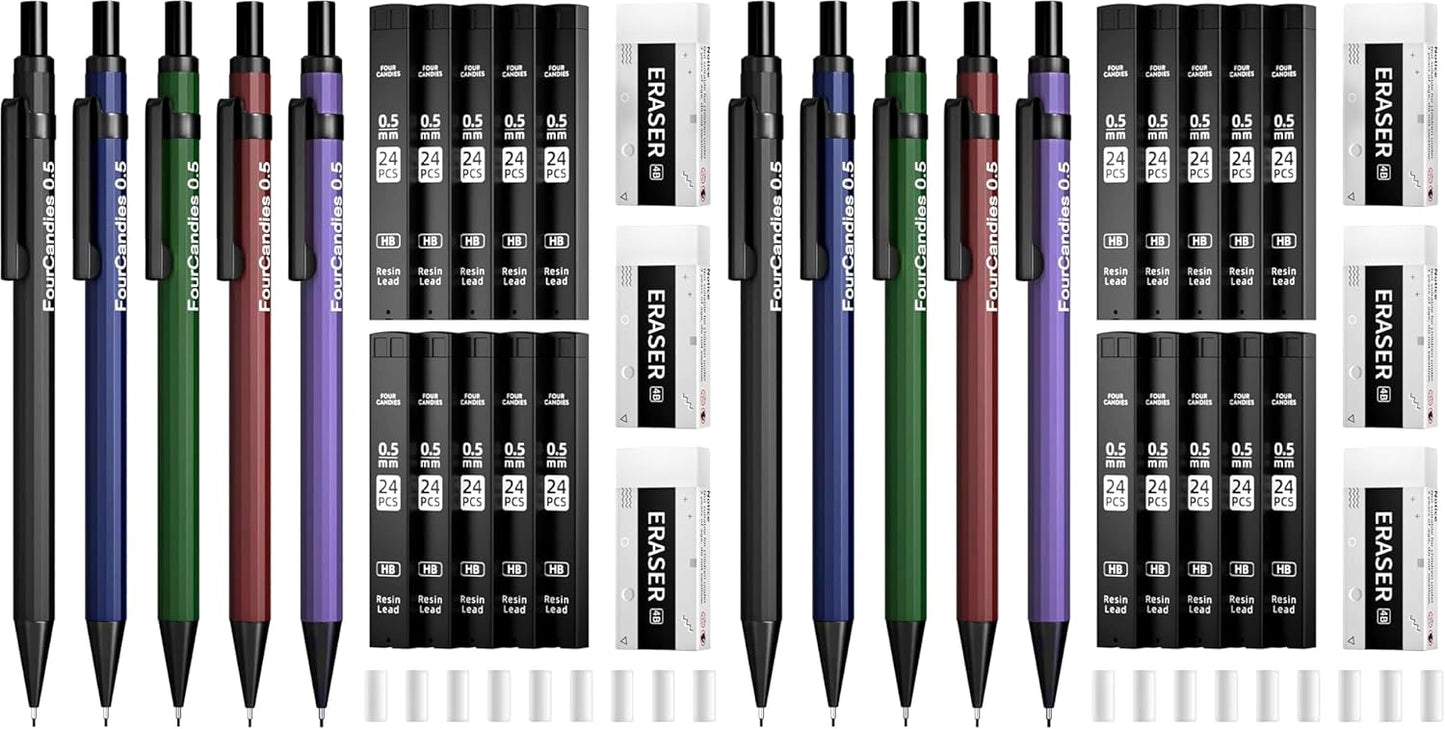 Four Candies Metal Mechanical Pencils 0.7mm, with #2 Pencil Leads 0.7, Eraser Set and Eraser Refills, 19-Count Pack with Case, Back to School Supplies for Writing, Drawing, Sketching